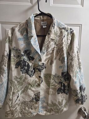 Chico's Cream Botanical Print Jacket with Blue and Green Accents